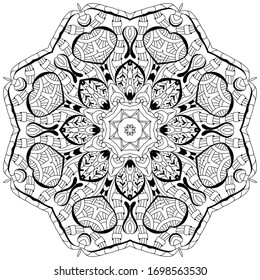 Hand drawn zentangle circular ornament for coloring page.