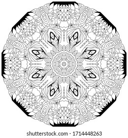 Hand drawn zentangle circular ornament for coloring page.