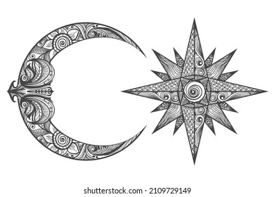 Hand Drawn Zentangle Crescent Moon and Star isolated on white background. Vector illustration.