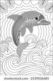 Dibujado a mano delfín zentangle en el océano con olas para colorear