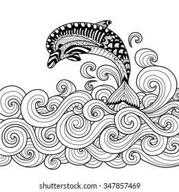Hand drawn zentangle dolphin with scrolling sea wave for coloring book for adult