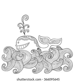 Hand drawn zentangle dolphin with scrolling sea wave for coloring book for adult