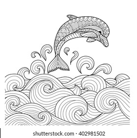 Hand drawn zentangle dolphin with scrolling sea wave for coloring book for adult