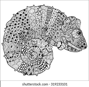 Hand drawn zentangle doodle outline chameleon decorated with ornaments.Vector zen tangle illustration.