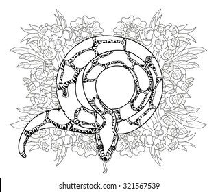 Hand drawn zentangle doodle outline anaconda decorated with ornaments.Vector zen tangle illustration.Floral ornament.