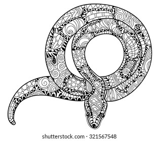Hand drawn zentangle doodle outline anaconda decorated with ornaments.Vector zen tangle illustration.Floral ornament.