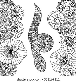 Hand drawn zentangle doodle outline anaconda decorated with ornaments. Floral ornament.