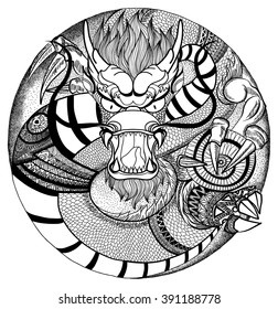 hand drawn zentangle and doodle style dragon on circle