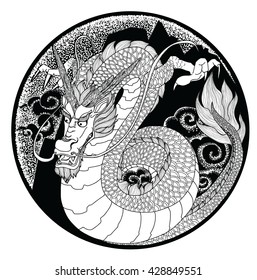 hand drawn zentangle and doodle style dragon on circle