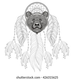 Hand drawn zentangle Dreamcatcher with Bear head for adult coloring pages, post card, t-shirt print, Boho style. Isolated illustration in doodle, henna tattoo design. 