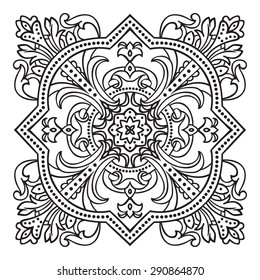 Elemento zentangle dibujado a mano. Estilo italiano de majólica negro y blanco. Mandala de flores. Ilustración vectorial. Lo mejor para su diseño, textiles, carteles, tatuajes, identidad corporativa