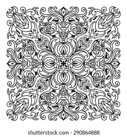 Hand drawn zentangle element. Italian majolica style Black and white. Flower mandala. Vector illustration. The best for your design, textiles, posters, tattoos, corporate identity