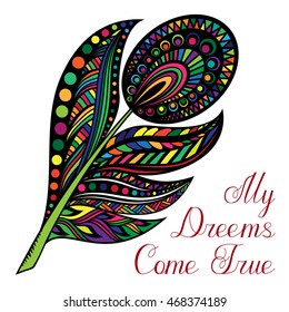 Hand drawn zentangle feather on white background. A card with decorative feathers. Isolated vector illustration.