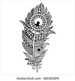 Hand drawn zentangle feather on white background. A card with decorative feathers. Isolated vector illustration.