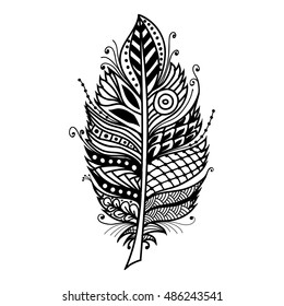 Hand drawn zentangle feather on white background. A card with decorative feathers. Isolated vector illustration.