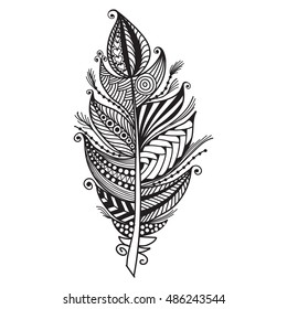 Pluma zentangle dibujada a mano sobre fondo blanco. Una carta con plumas decorativas. Ilustración vectorial aislada.