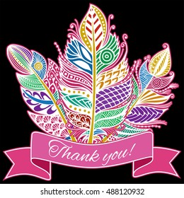 Hand drawn zentangle feather on white background. A card with decorative feathers. Isolated vector illustration.
