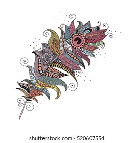 Hand drawn zentangle feather on white background. Vintage tribal feather. Isolated vector illustration, design element.