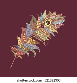 Hand drawn zentangle feather on dark background. Vintage tribal feather. Isolated vector illustration, design element.