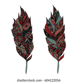 Hand drawn zentangle feather on solid background. Vintage set tribal feather. Colorful Design element.