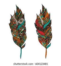 Hand drawn zentangle feather on solid background. Vintage set tribal feather. Colorful Design element.