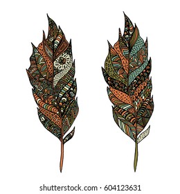 Hand drawn zentangle feather on solid background. Vintage set tribal feather. Colorful Design element.
