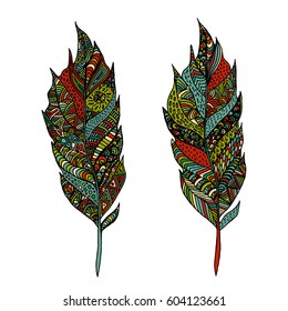 Hand drawn zentangle feather on solid background. Vintage set tribal feather. Colorful Design element.