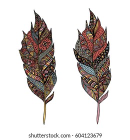 Hand drawn zentangle feather on solid background. Vintage set tribal feather. Colorful Design element.