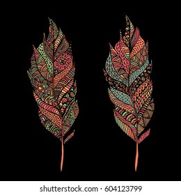 Hand drawn zentangle feather on solid background. Vintage set tribal feather. Colorful Design element.