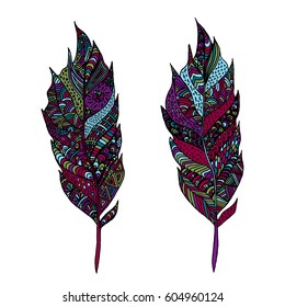 Hand drawn zentangle feather on solid background. Vintage set tribal feather. Colorful Design element.