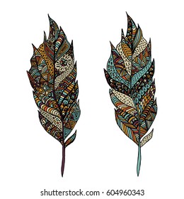 Hand drawn zentangle feather on solid background. Vintage set tribal feather. Colorful Design element.
