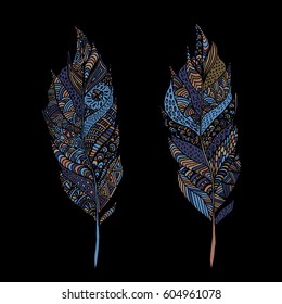 Hand drawn zentangle feather on solid background. Vintage set tribal feather. Colorful Design element.