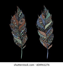 Hand drawn zentangle feather on solid background. Vintage set tribal feather. Colorful Design element.