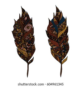 Hand drawn zentangle feather on solid background. Vintage set tribal feather. Colorful Design element.