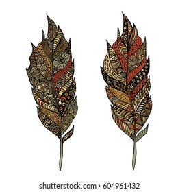 Hand drawn zentangle feather on solid background. Vintage set tribal feather. Colorful Design element.