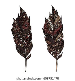Hand drawn zentangle feather on solid background. Vintage set tribal feather. Colorful Design element.