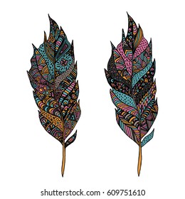 Hand drawn zentangle feather on solid background. Vintage set tribal feather. Colorful Design element.
