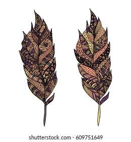 Hand drawn zentangle feather on solid background. Vintage set tribal feather. Colorful Design element.