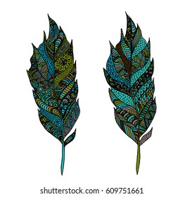 Hand drawn zentangle feather on solid background. Vintage set tribal feather. Colorful Design element.