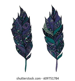 Hand drawn zentangle feather on solid background. Vintage set tribal feather. Colorful Design element.