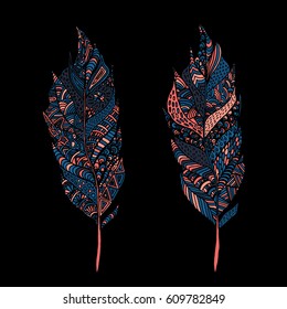 Hand drawn zentangle feather on solid background. Vintage set tribal feather. Colorful Design element.