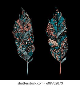 Hand drawn zentangle feather on solid background. Vintage set tribal feather. Colorful Design element.