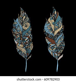 Hand drawn zentangle feather on solid background. Vintage set tribal feather. Colorful Design element.