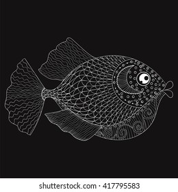Hand drawn zentangle Fish for adult coloring pages, post card, mehendi t-shirt print,  logo icon. Isolated sea animal illustration in doodle, boho style, henna tattoo design.