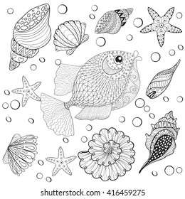 Hand drawn zentangle Fish, sea shells for adult anti stress coloring pages, post card, mehendi t-shirt print,  logo icon. Isolated animal illustration in doodle, boho style, henna tattoo design.