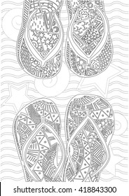 Hand drawn zentangle of flip flops at the beach for coloring book