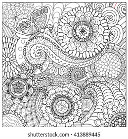 Hand drawn zentangle floral background for coloring page