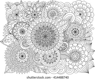 Hand drawn zentangle floral background for coloring page