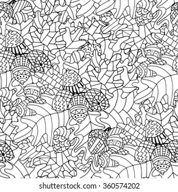 Hand drawn zentangle floral ornament for adult anti stress. Black and white background. Coloring book page with oak leaves and acorns. 