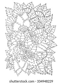 Hand drawn zentangle flower ornament for adult anti stress. Coloring page with high details isolated on white background. Made by trace from sketch. Pattern for coloring book in vector.